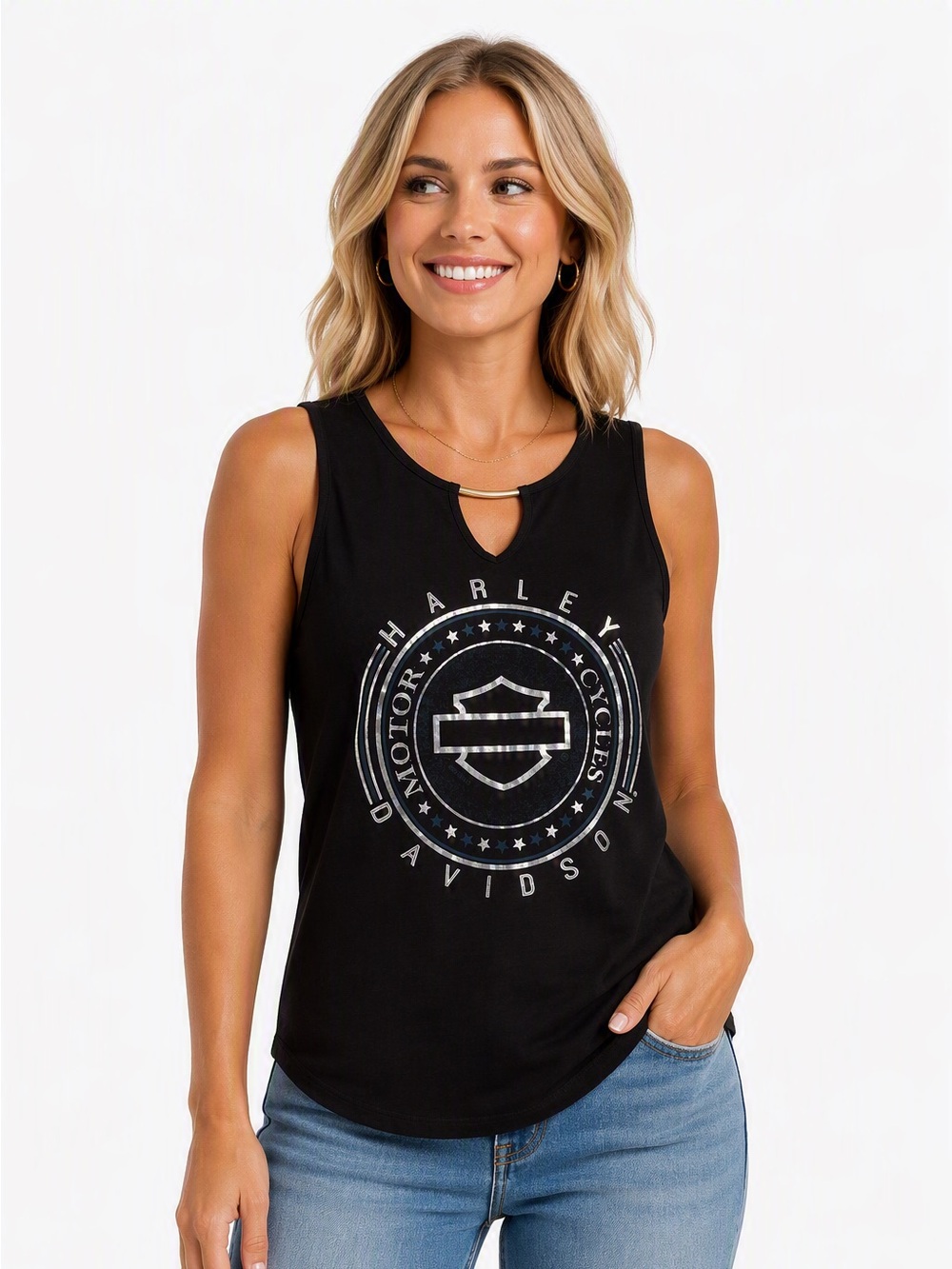 Harley-Davidson Black Tank with Silver Logo and Keyhole Neck